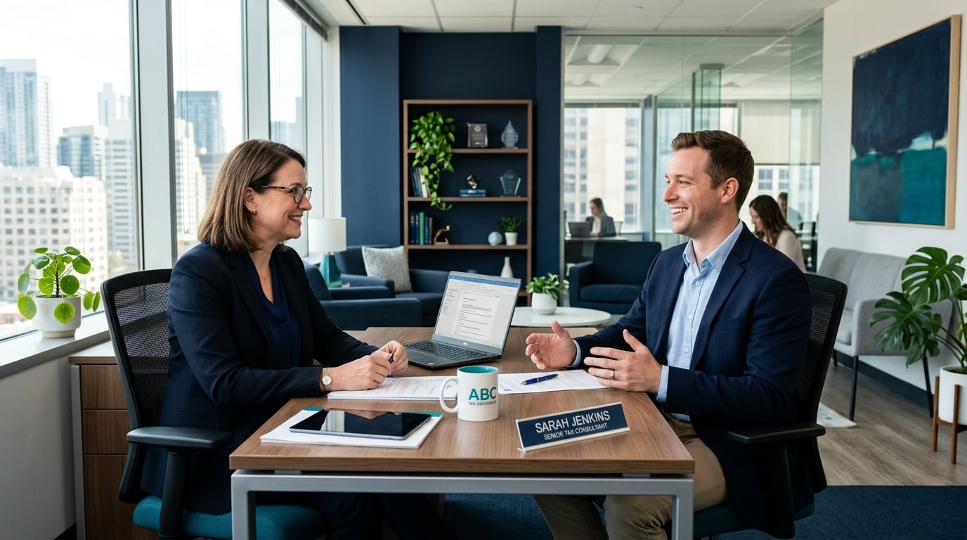 Professional tax consultant meeting with a client at ABA 360 Solutions